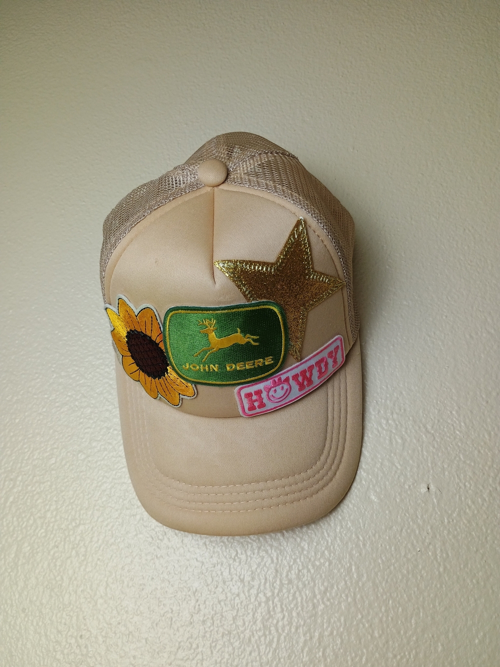 John Deere Beige Kids Trucker Hat with Sunflower & Star Patches
